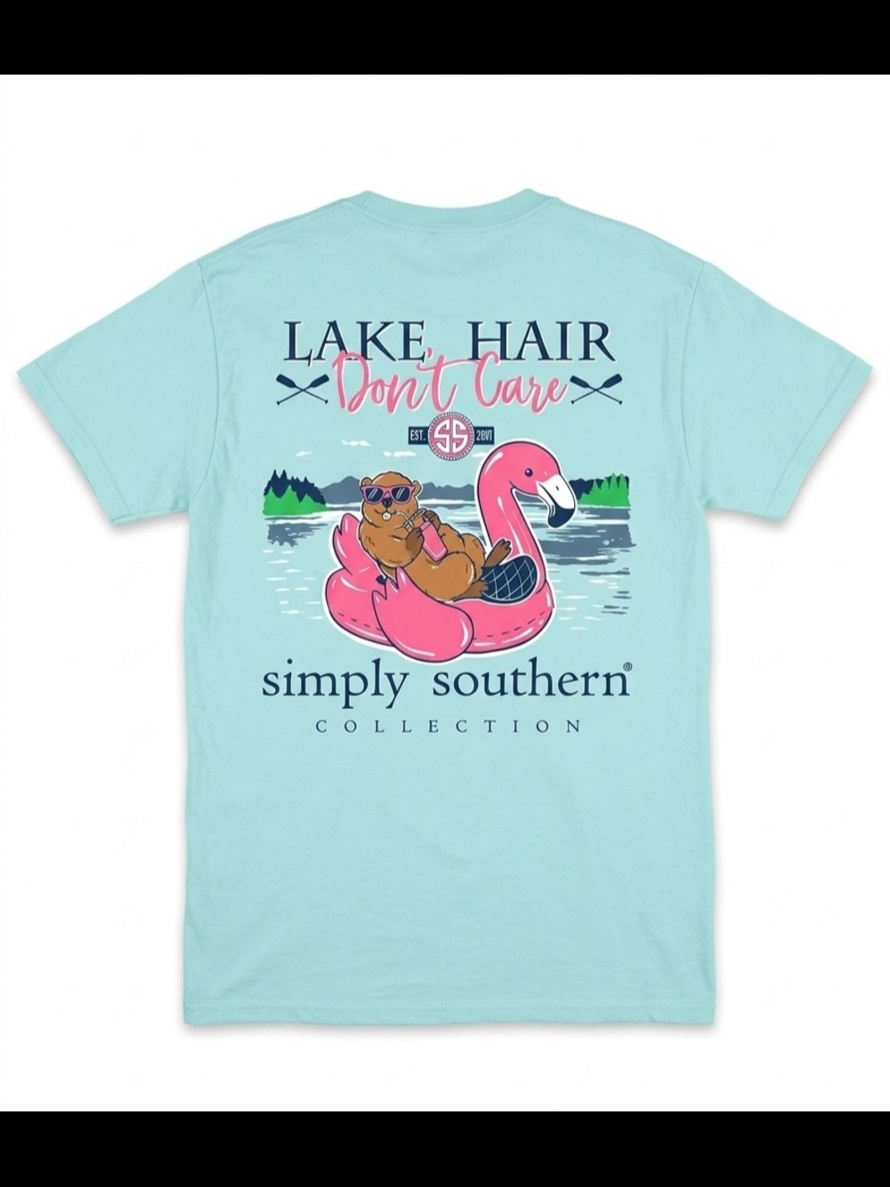 Simply Southern Mint Tee with Pink Flamingo Float Graphic
